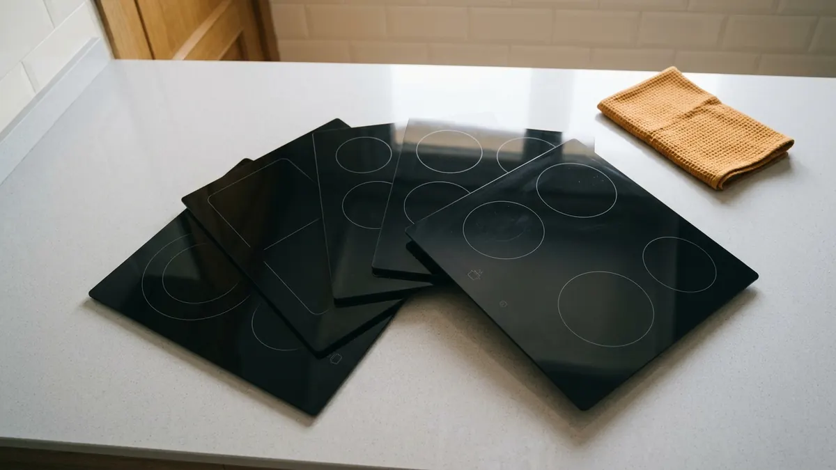 Varias placas de inducción negras de distintos diseños sobre una encimera
