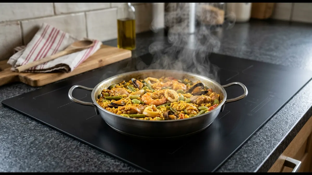 Paella humeante en una paellera de acero con asas sobre una placa de inducción negra
