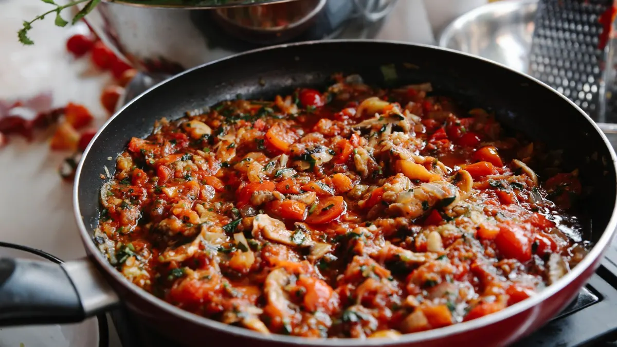 Guiso de tomate en una sartén